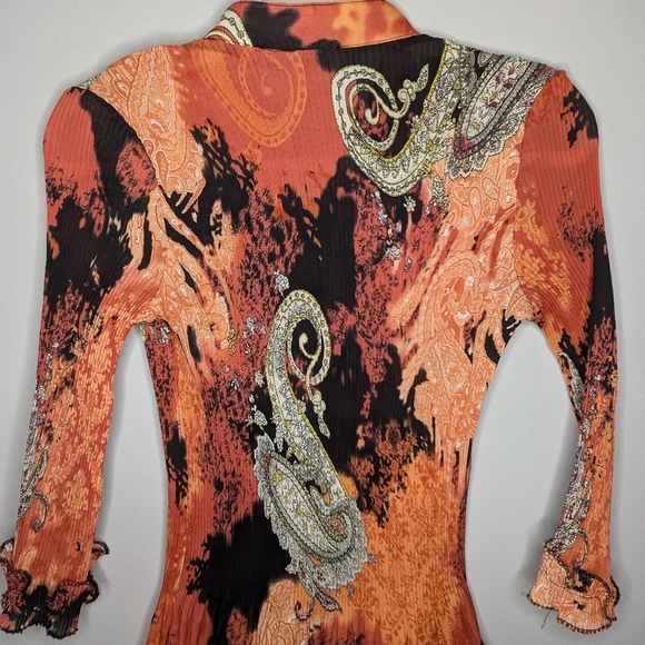 Y2k ruffled Renaissance abstract pattern long sleeve button up shirt womens XS - Picture 6 of 6